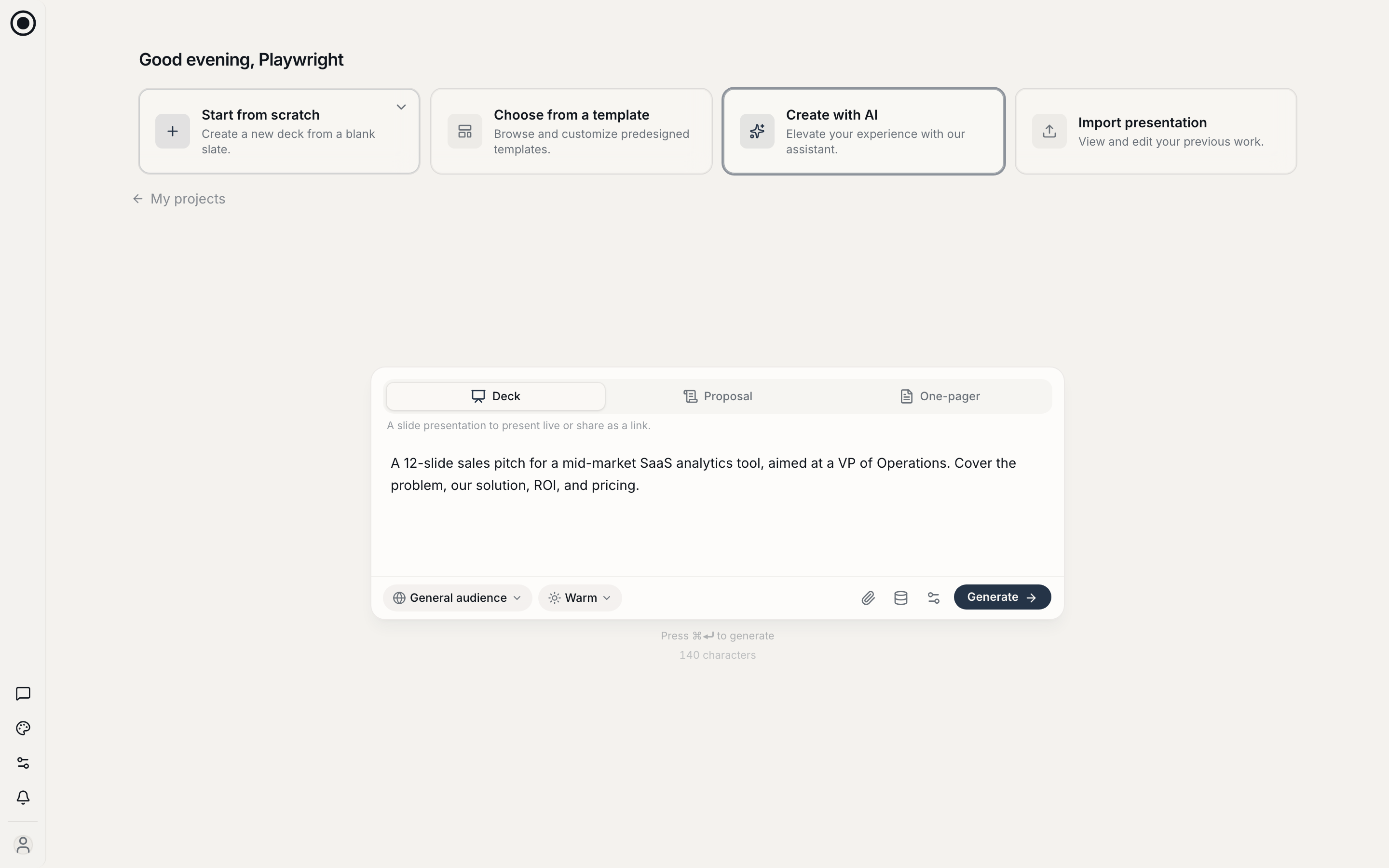 The Encelade home screen with the AI composer open and a prompt typed in