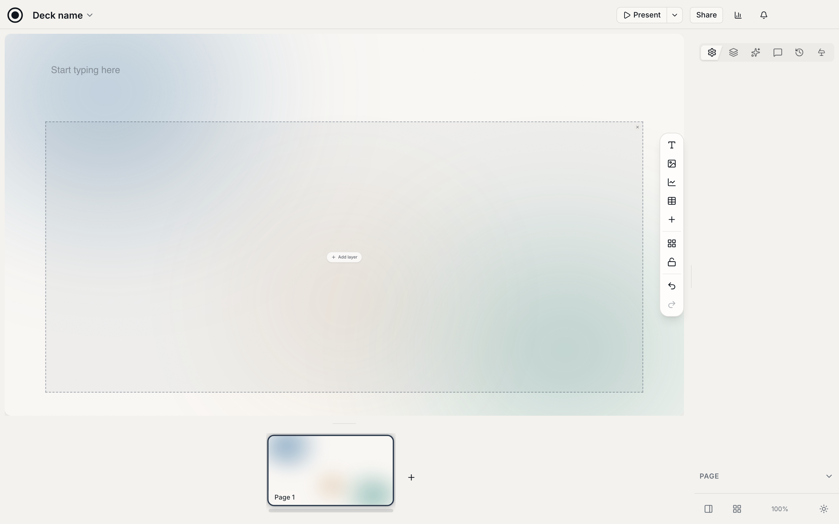 The Encelade editor: canvas in the center, add-layer toolbar on the right, page strip along the bottom, and the top bar with Present, Share, and Export