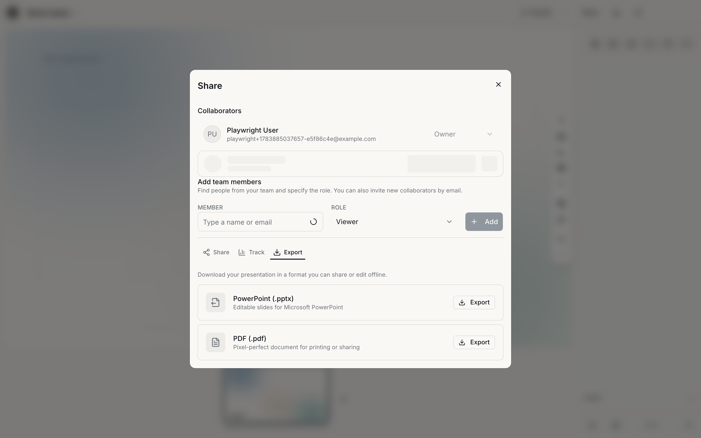 The Export tab in the Share dialog with PowerPoint (.pptx) and PDF (.pdf) download options