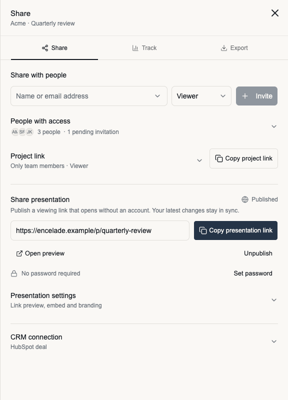 The Share sheet with invitation controls, project access, and a published presentation link