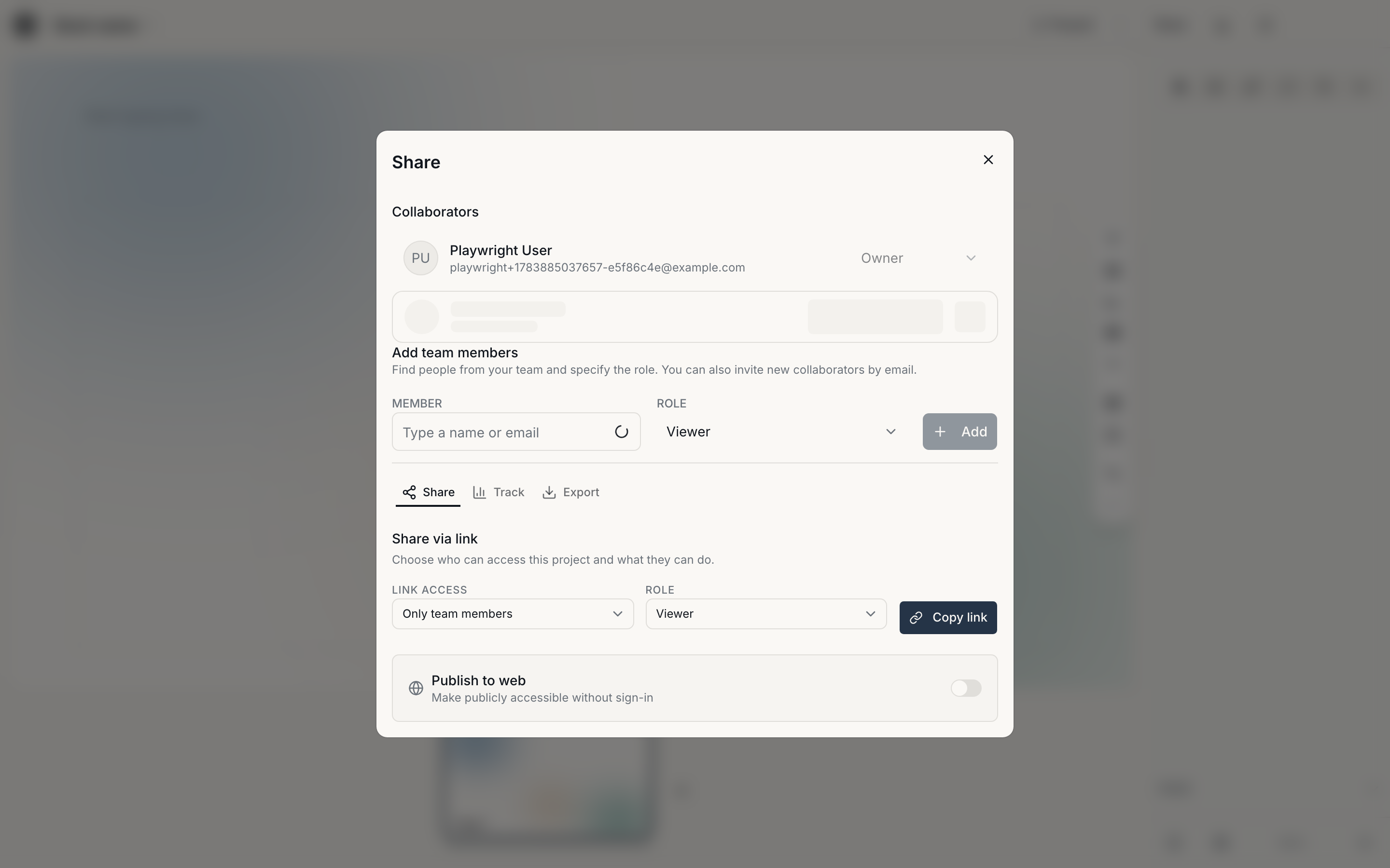 The Share dialog showing collaborators, link access, and the Publish to web toggle