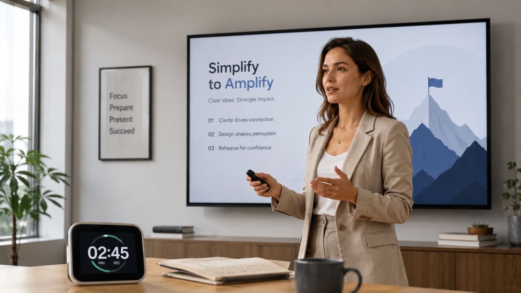 A professional woman gives a presentation in an office using a screen displaying simplify to amplify text.