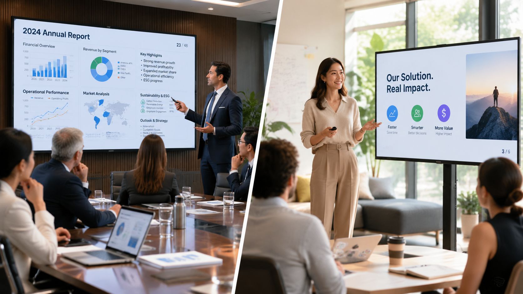 A split image showing professional business meetings with presentations displayed on large screens in modern office settings.