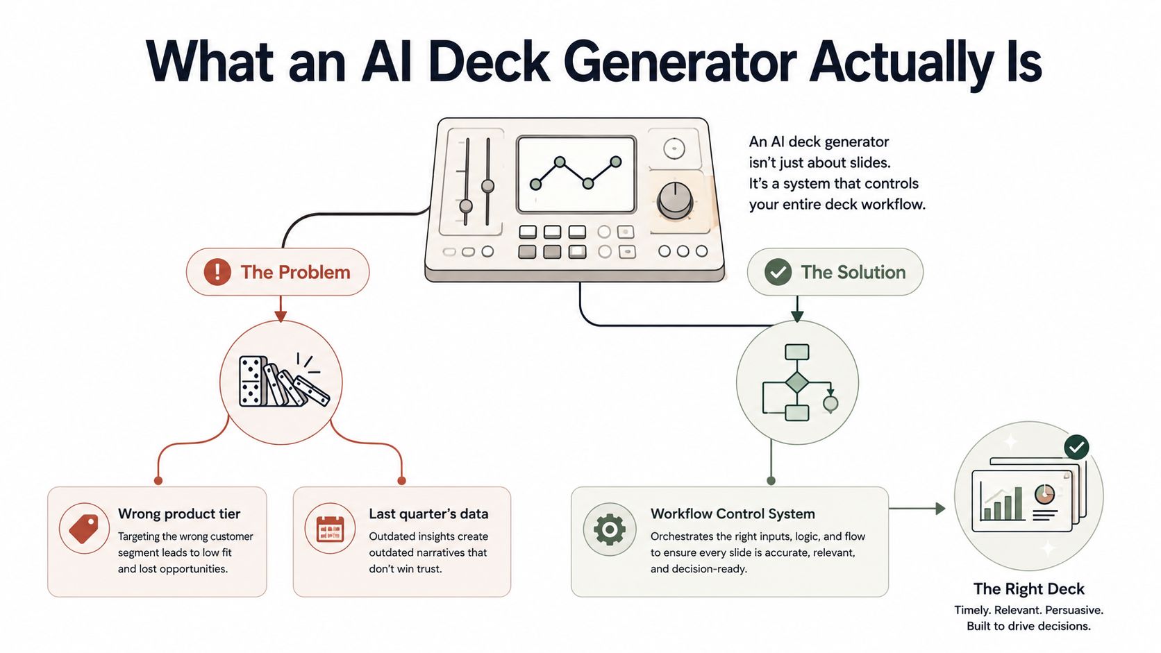 A diagram titled What an AI Deck Generator Actually Is. A control panel in the center splits into a red 'The Problem' branch, showing a wrong product tier that leads to low fit and lost opportunities and last quarter's data that creates outdated narratives, and a green 'The Solution' branch, showing a workflow control system that orchestrates the right inputs, logic, and flow so every slide is accurate, relevant, and decision-ready, resolving into a final trusted deck.