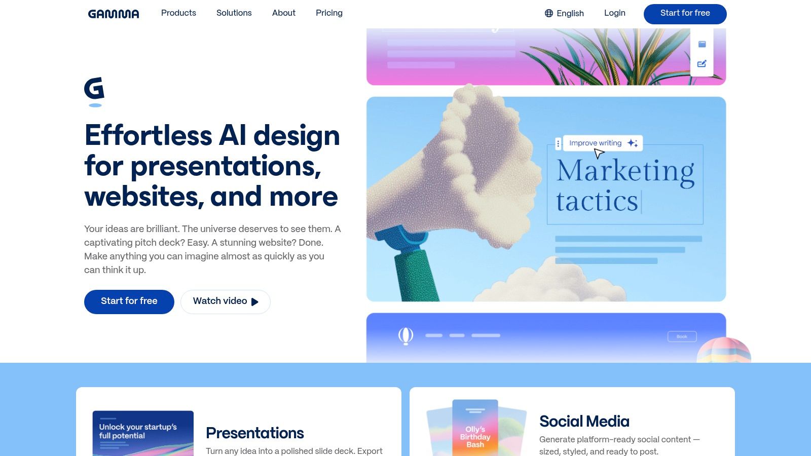 Gamma home page with the headline 'Effortless AI design for presentations, websites, and more' beside an illustration of a card being edited with an 'Improve writing' AI control