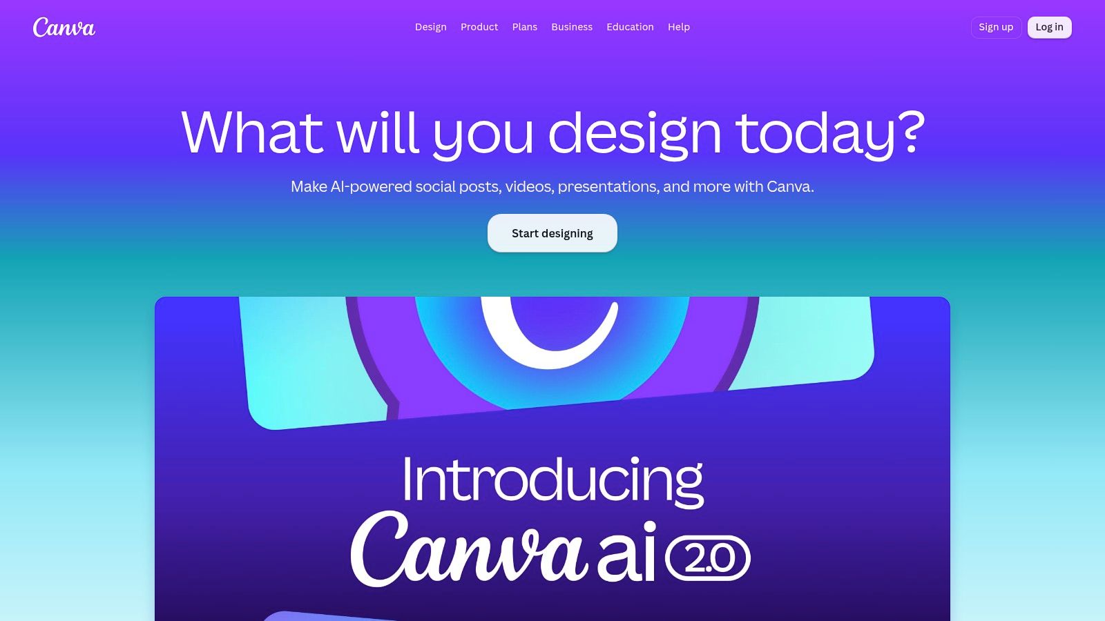 Canva home page asking 'What will you design today?' with a 'Start designing' button above an 'Introducing Canva AI 2.0' banner