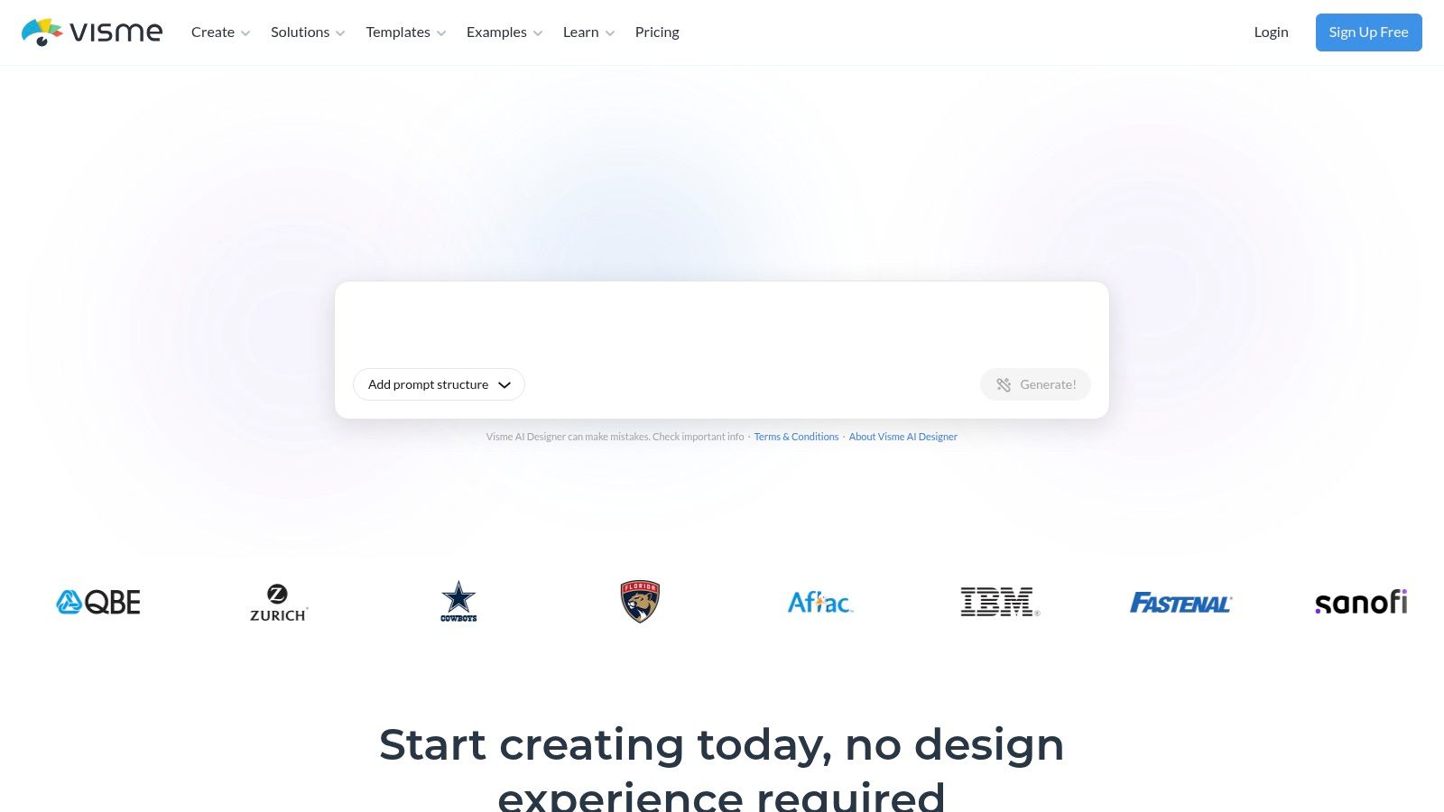Visme AI Designer home page with a prompt box and 'Generate' button above a row of customer logos including QBE, Zurich, Aflac, IBM, and Sanofi
