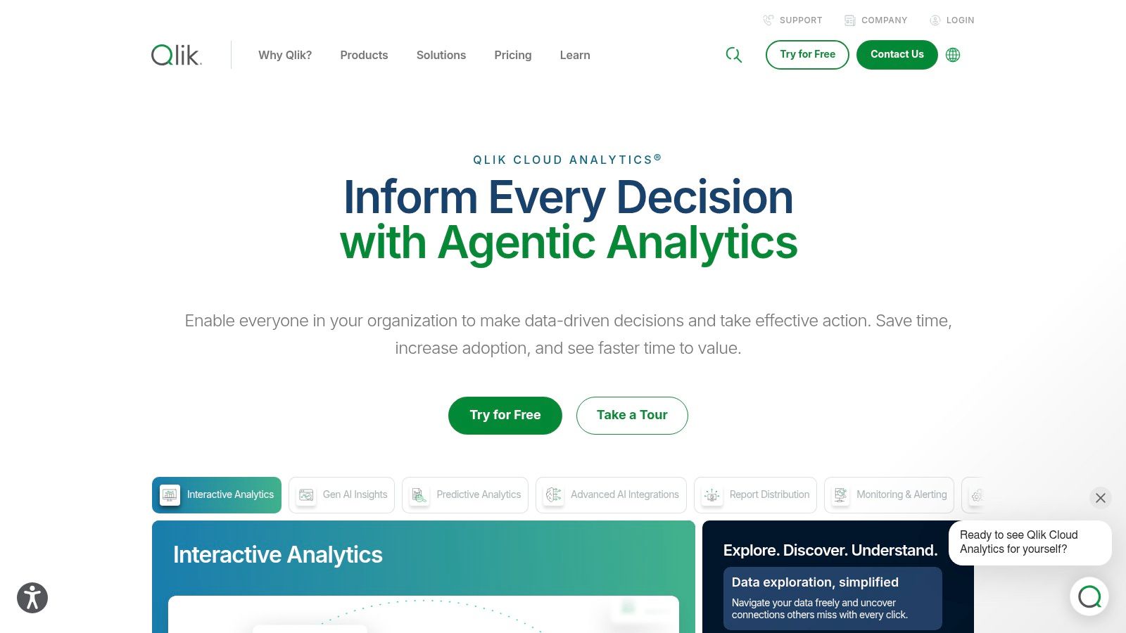 Qlik Cloud Analytics associative exploration across blended datasets.