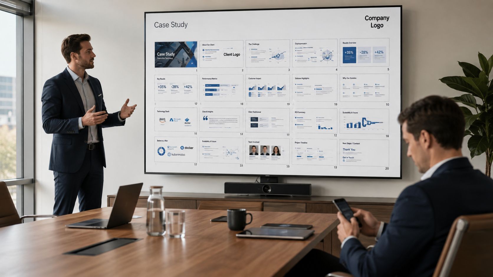 A professional business meeting where a man presents a case study slide deck to a colleague.