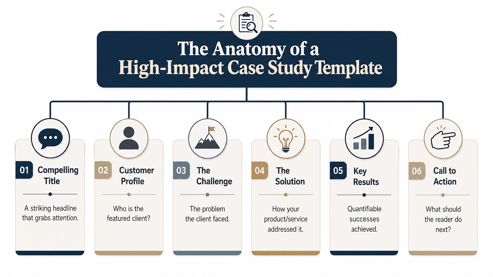 A diagram outlining the six essential sections for creating a high-impact case study template.