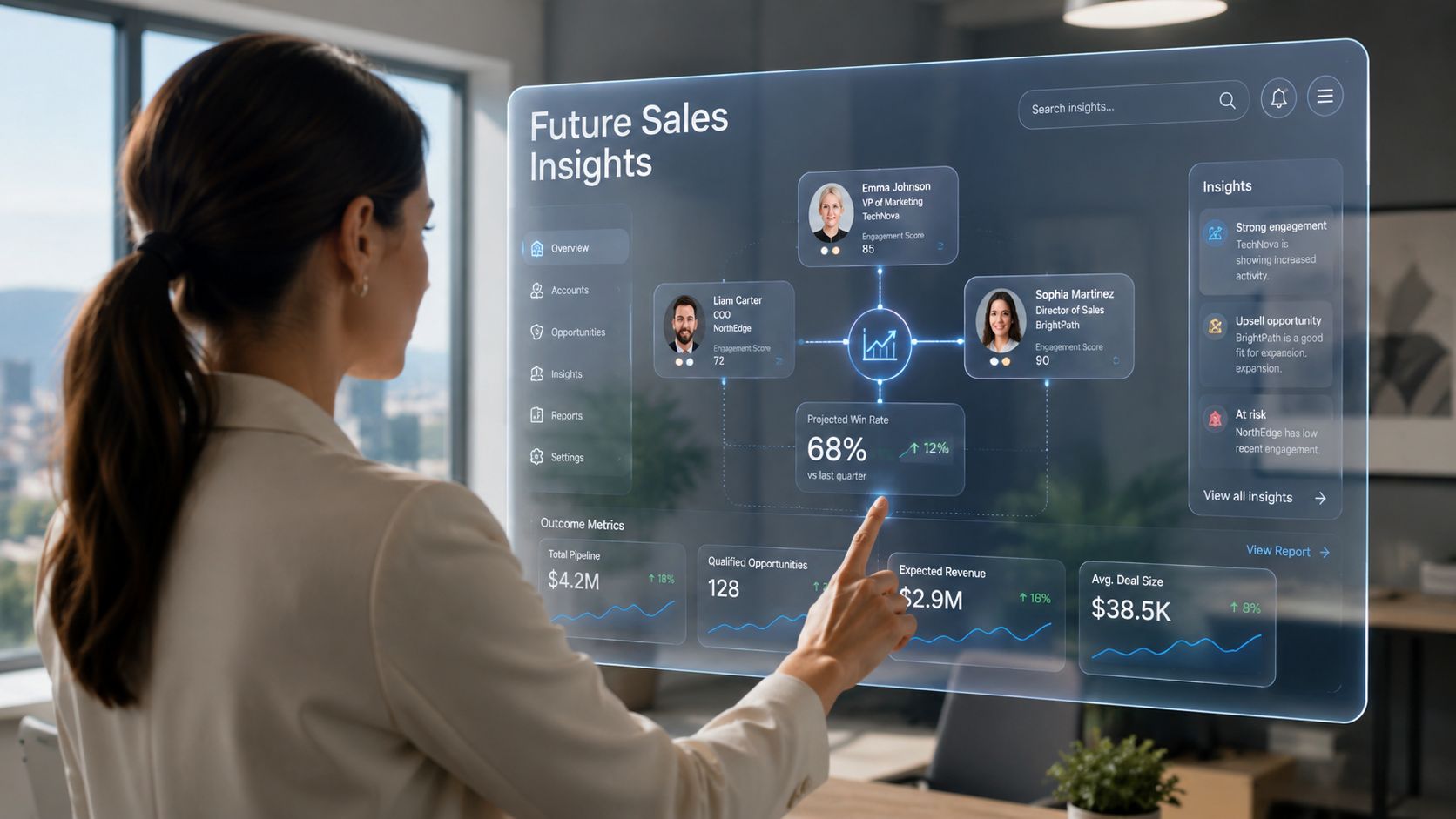 A professional interacting with a holographic dashboard displaying sales metrics and client engagement data.