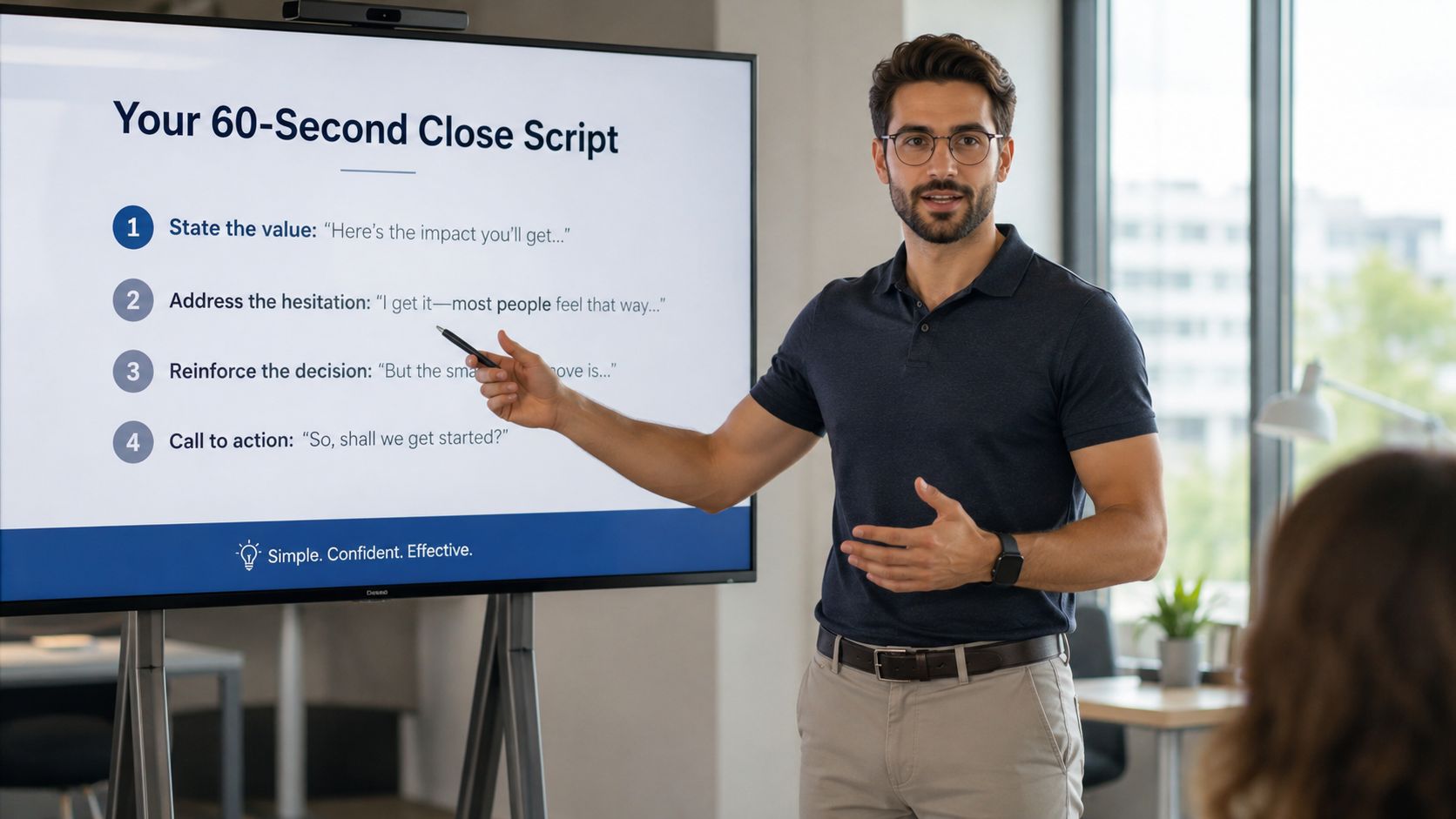 A presenter standing beside a screen showing a four-step close script: state the value, address the hesitation, reinforce the decision, and call to action.
