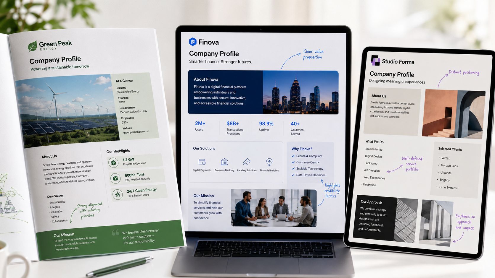 A laptop and tablet displaying professional corporate profile templates next to a printed company brochure on a desk.