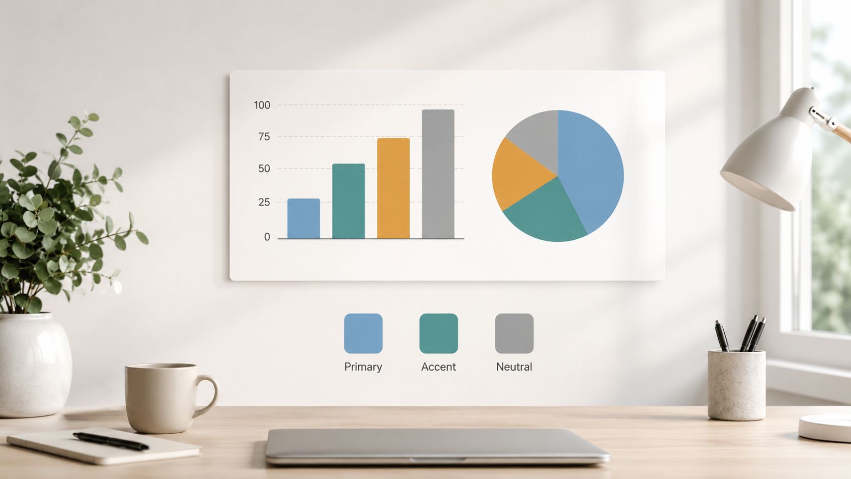 A modern workspace with a laptop, plant, and wall art displaying a bar chart and pie chart.