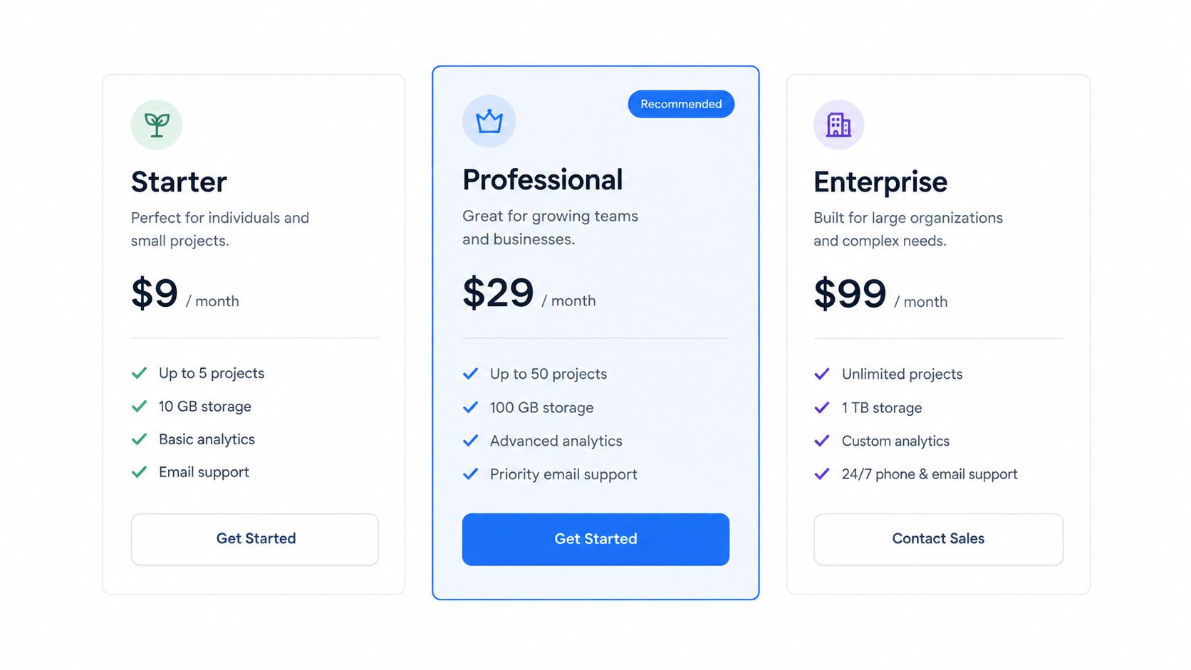 A pricing comparison with three tiers, Starter, Professional, and Enterprise, each showing a monthly price, a one-line description of who it suits, four features, and a button, with the Professional tier outlined and marked Recommended.