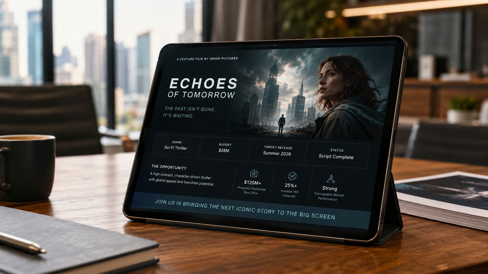 A tablet on a wooden desk displaying a professional film pitch deck.