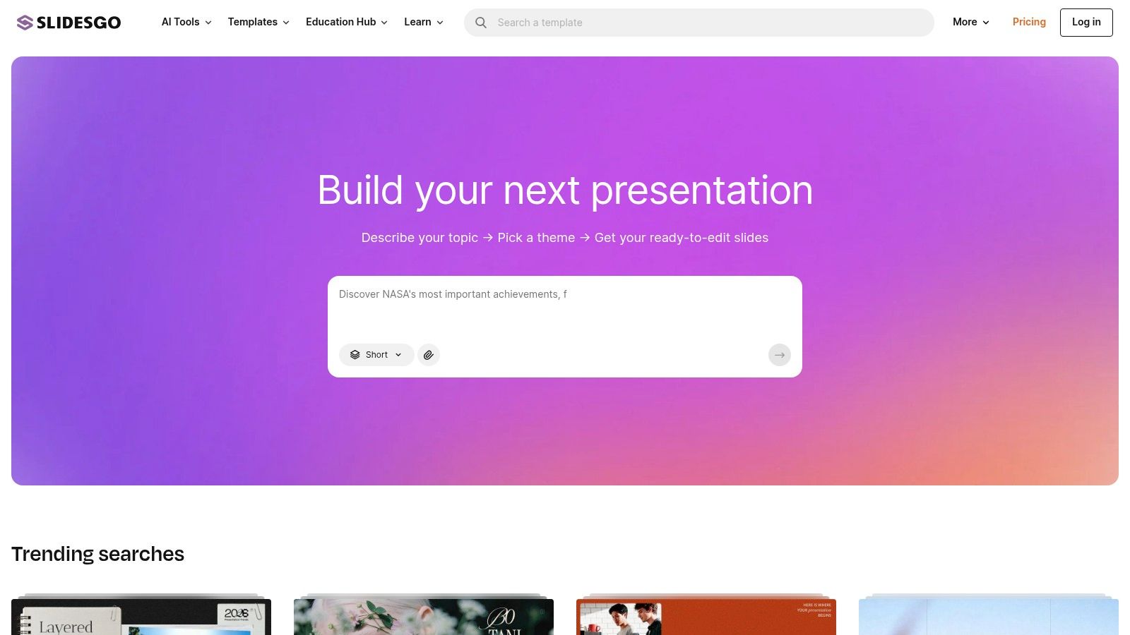 The Slidesgo homepage showing ready-made Google Slides themes that pair backgrounds, title slides, and content layouts.