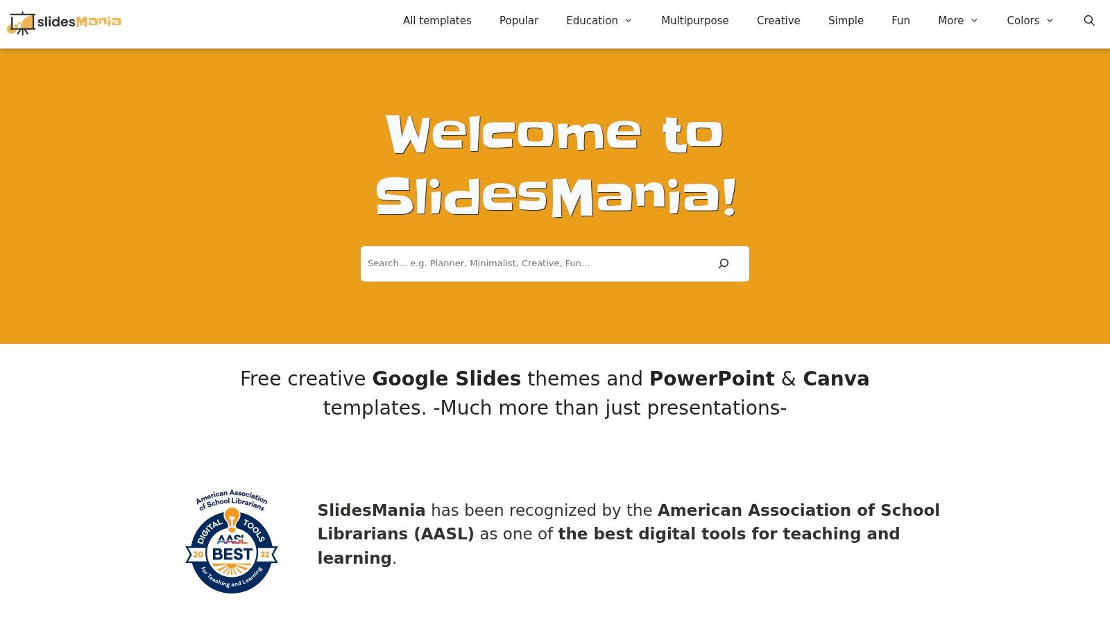 The SlidesMania homepage showing light, readable, structurally simple presentation templates.