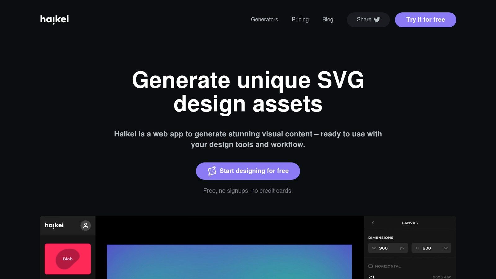 The Haikei SVG background generator showing abstract waves, blobs, and gradients exportable as SVG or PNG.