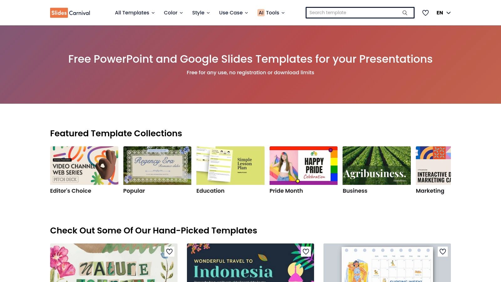 The SlidesCarnival template library showing clean, minimalist free Google Slides templates.