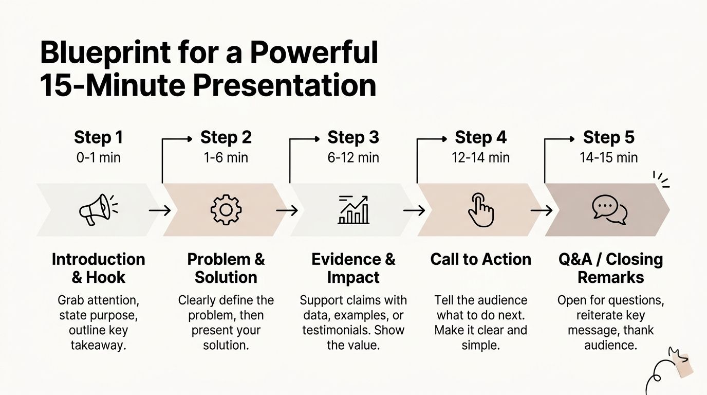 A five-step infographic outlining a blueprint for delivering an effective and structured 15-minute business presentation.