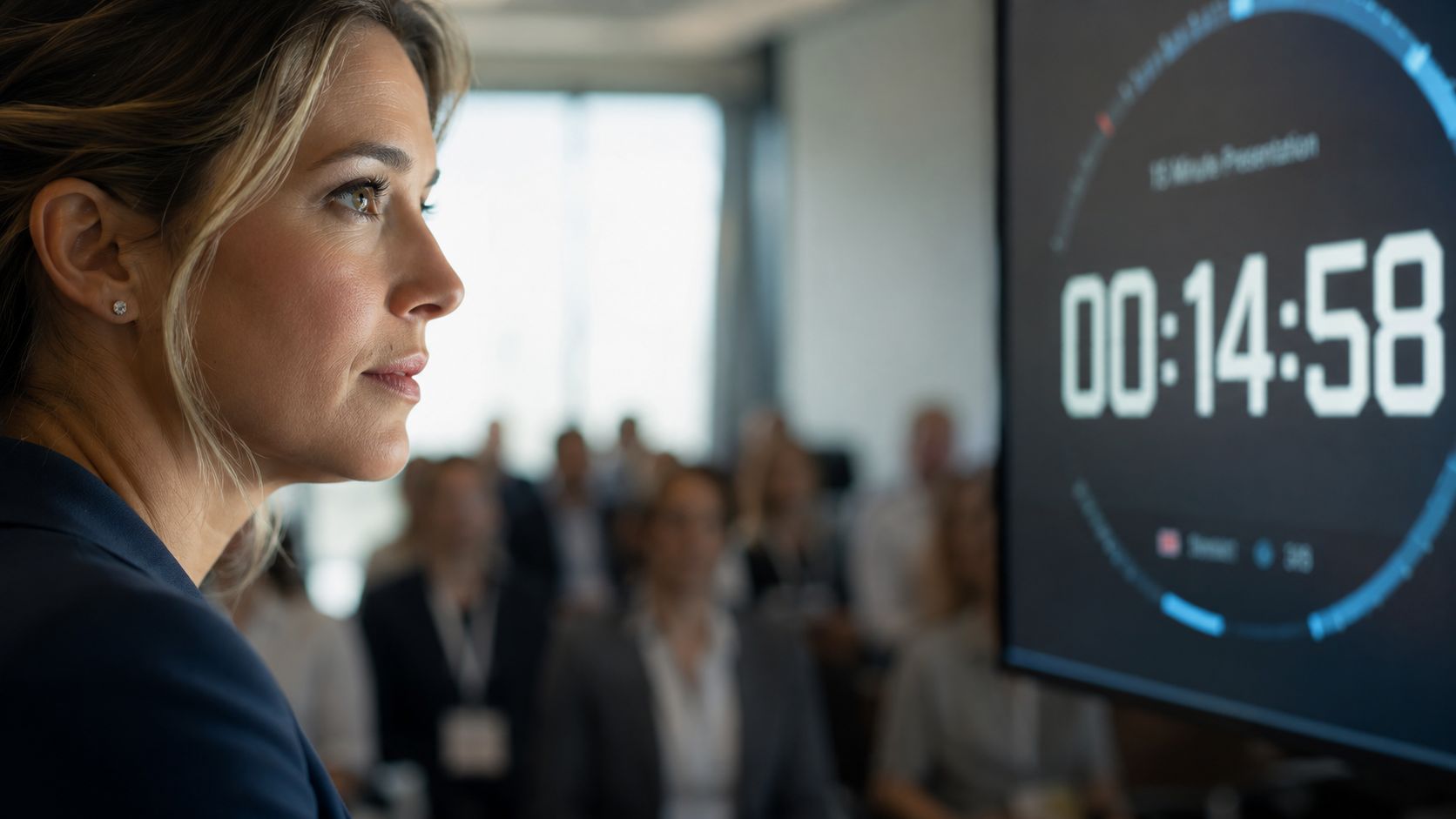 A professional woman in a suit looks attentively at a large screen showing a 15-minute presentation countdown.