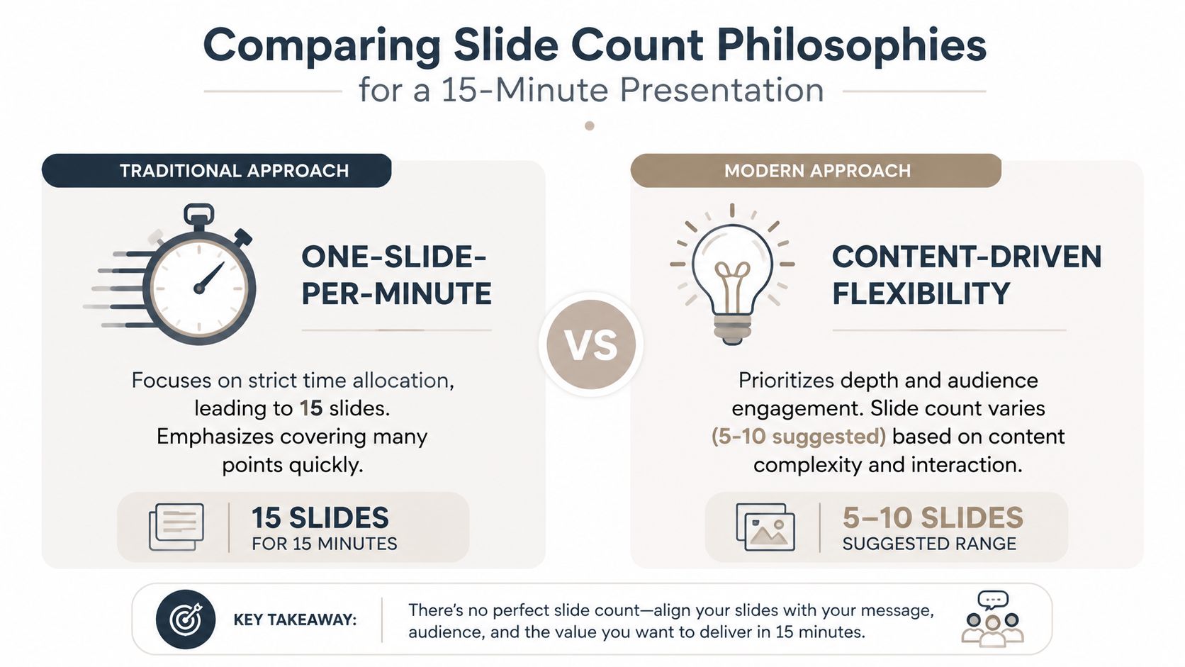 A comparison chart showing traditional one-slide-per-minute versus modern content-driven flexibility approaches for a 15-minute presentation.