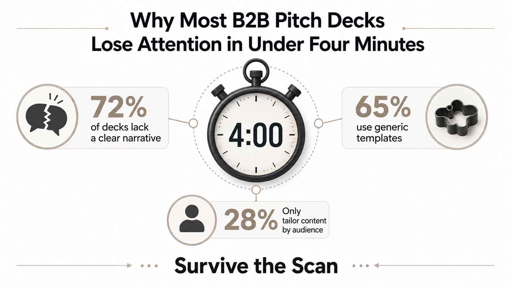 An infographic showing statistics about why most B2B pitch decks fail to keep attention for four minutes.