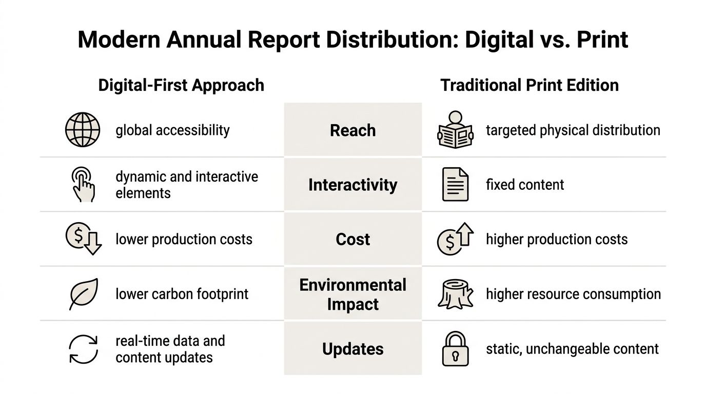 A comparison chart outlining the advantages and disadvantages of digital-first versus traditional print annual report distribution methods.