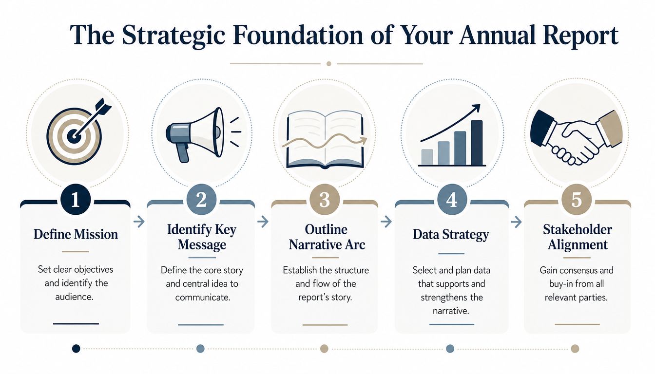 A five-step infographic showing the strategic foundation for designing a professional company annual report.