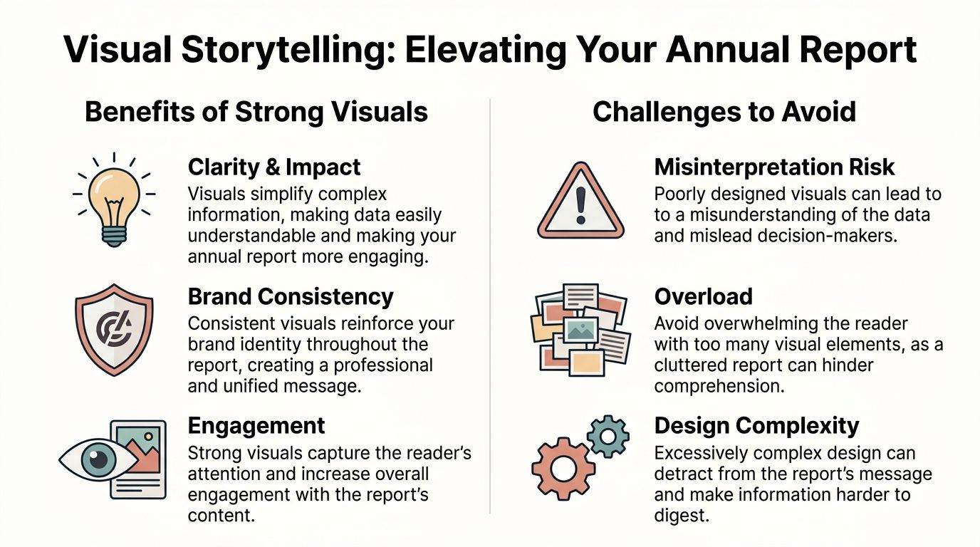 An infographic titled Visual Storytelling outlining the benefits and challenges of using visuals in annual reports.