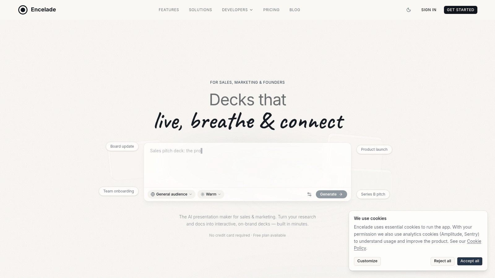 The Encelade presentation generator shown in a browser, turning source material into an interactive deck.