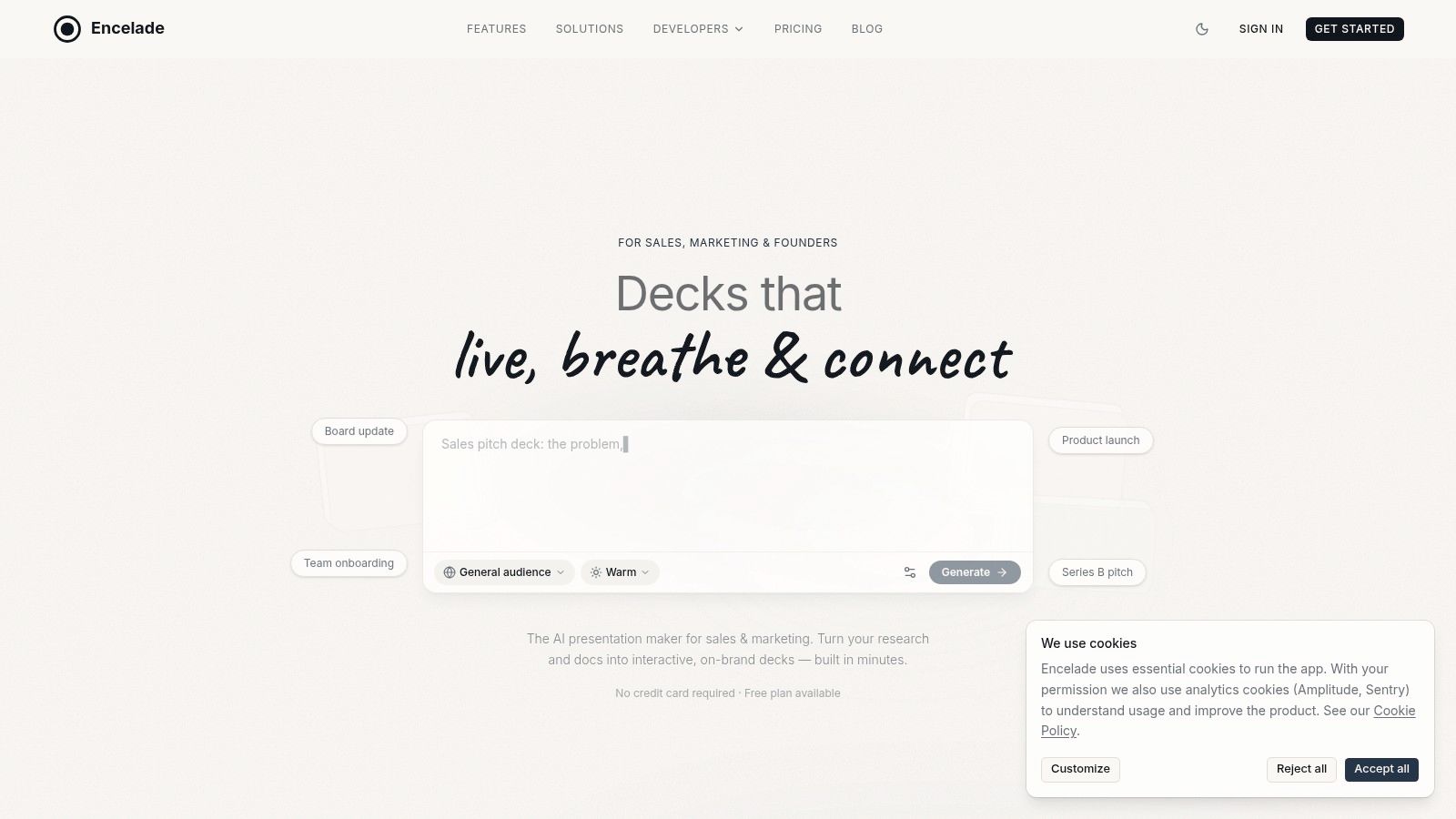 The Encelade web-native presentation tool with an interactive deck open in a browser.