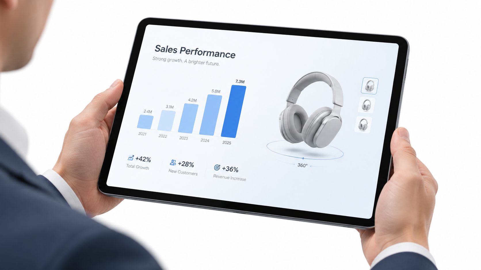 A person holding a tablet that shows a sales performance dashboard with a growth bar chart, headline metrics, and a rotatable 3D headphone model.