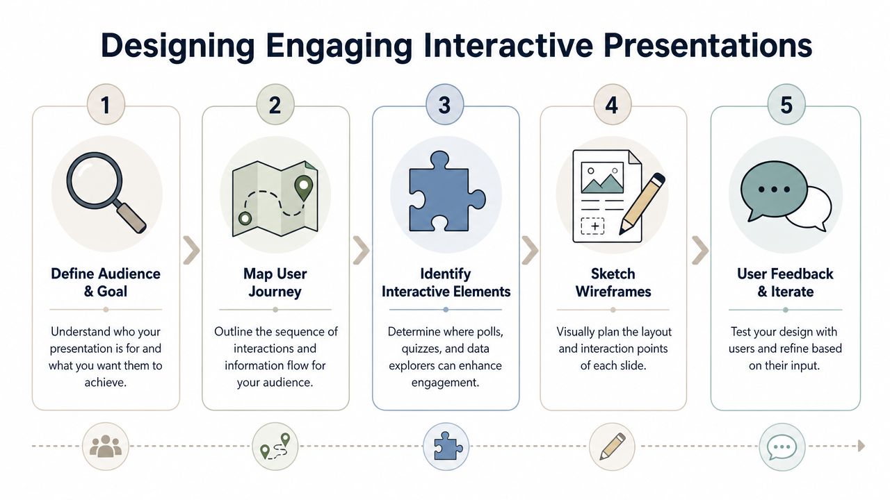 A five-step infographic showing the process for designing engaging and interactive professional presentation slides.