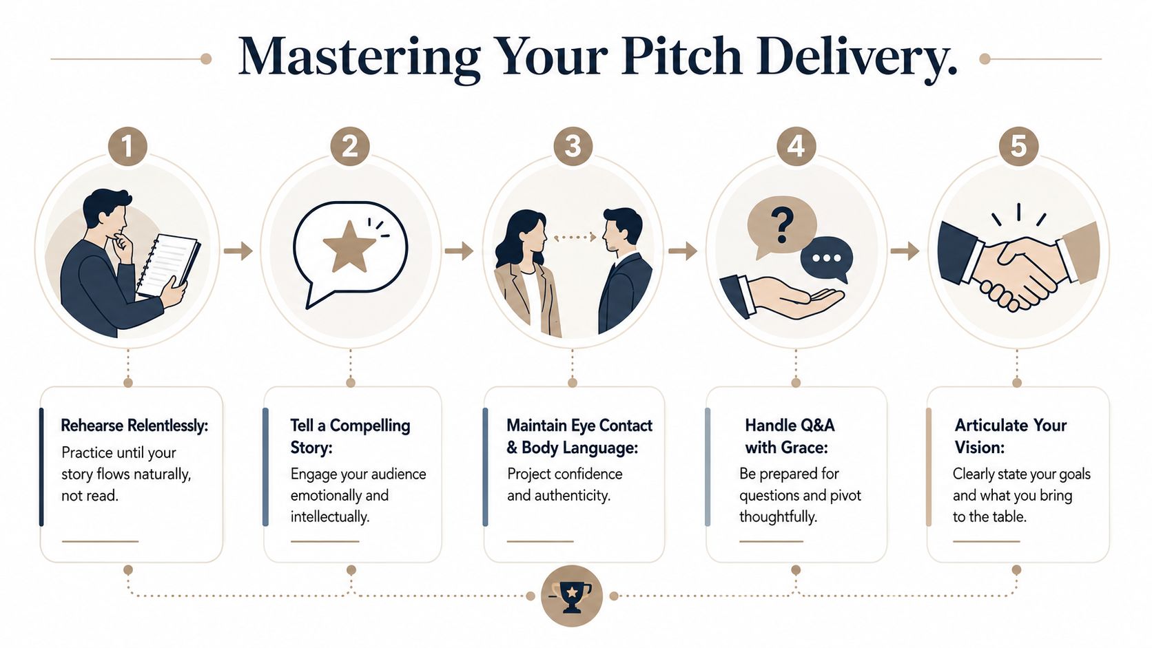 A five-step infographic guide illustrating essential tips for mastering your business pitch delivery.