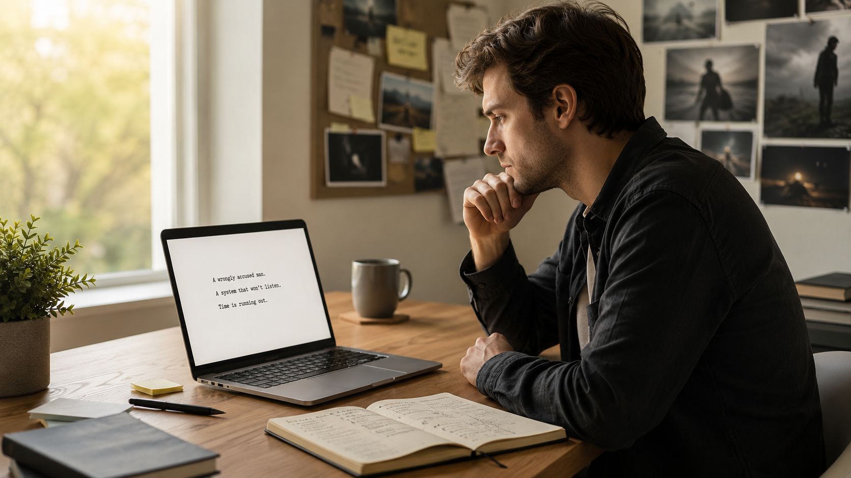 A focused man sitting at a wooden desk, writing a script on his laptop.