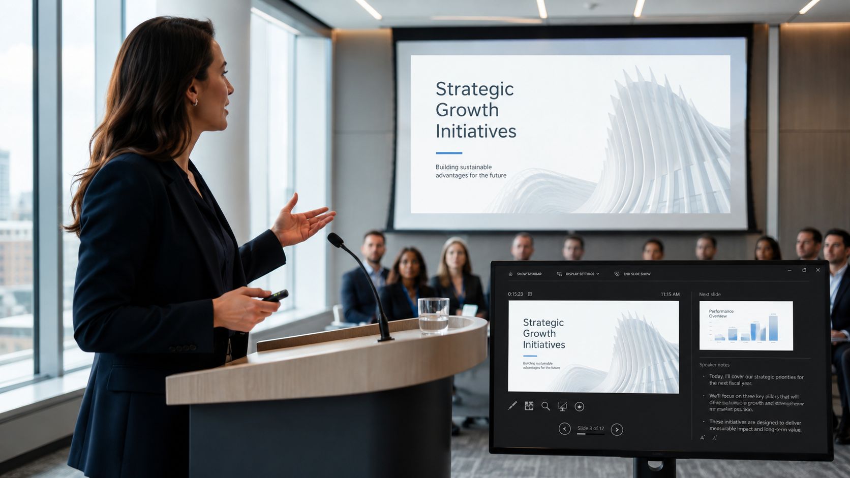 A presenter at a lectern addressing a seated audience: the wall screen behind her shows only the slide, while a separate monitor beside her shows PowerPoint Presenter View with the current slide, the next slide, speaker notes, an elapsed timer, and a slide counter.