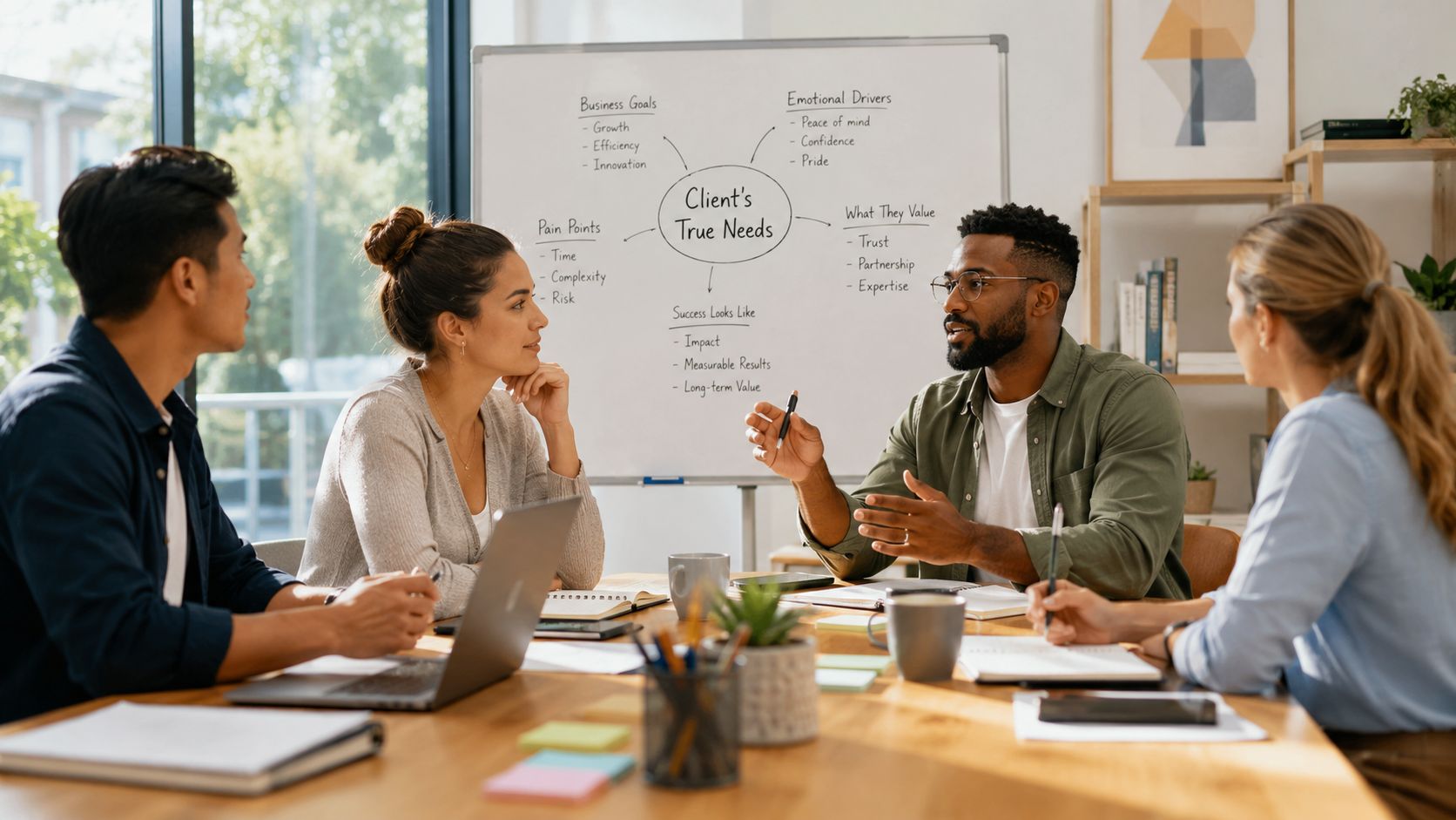 A diverse group of professionals collaborating in a bright office meeting while discussing project strategy on a whiteboard.