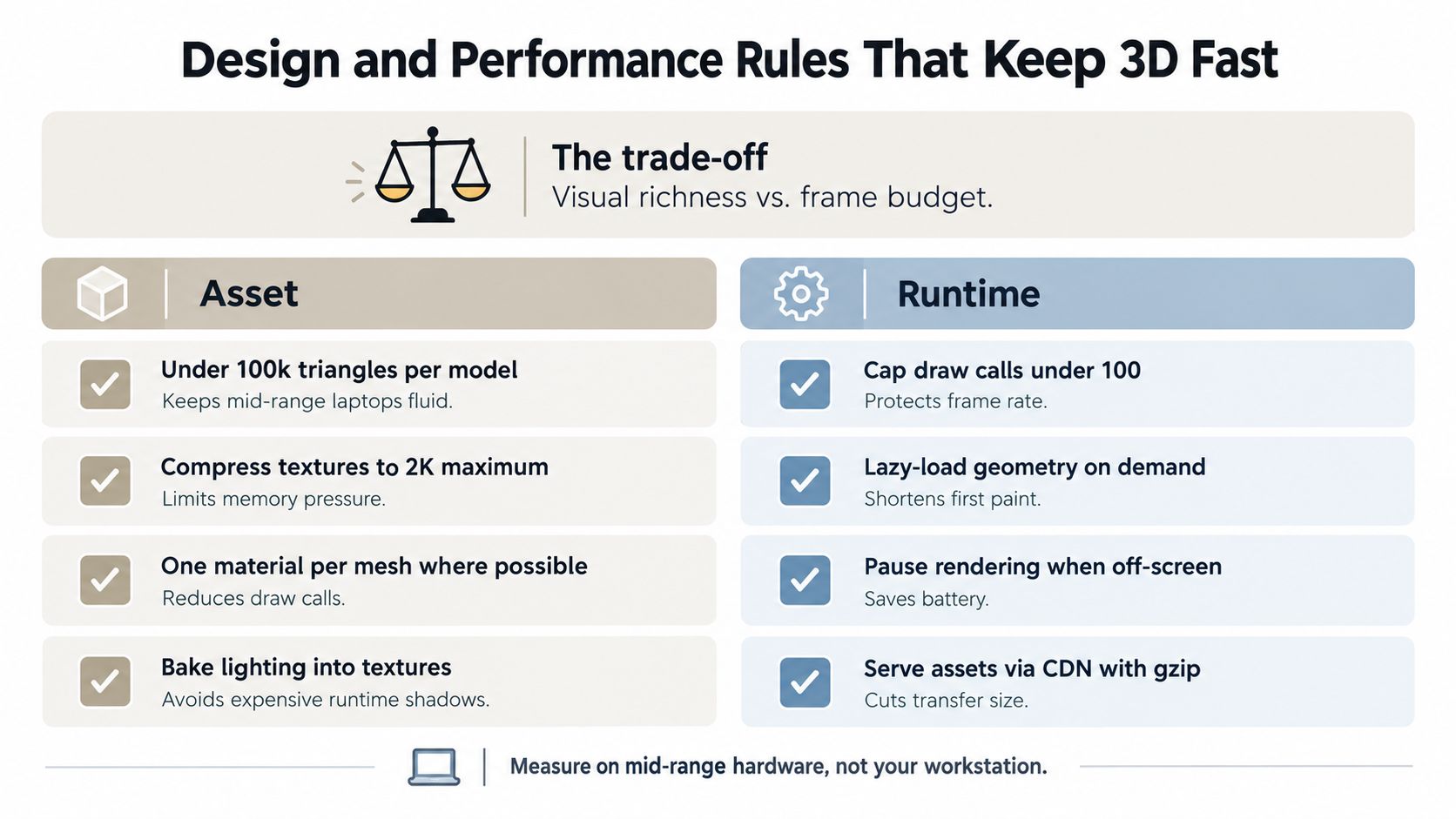 Checklist titled Design and Performance Rules That Keep 3D Fast, framed as a trade-off between visual richness and frame budget. Asset rules: under 100k triangles per model, textures at 2K maximum, one material per mesh where possible, and lighting baked into textures. Runtime rules: draw calls capped under 100, geometry lazy-loaded on demand, rendering paused when off-screen, and assets served via CDN with gzip. The footer reads: measure on mid-range hardware, not your workstation.