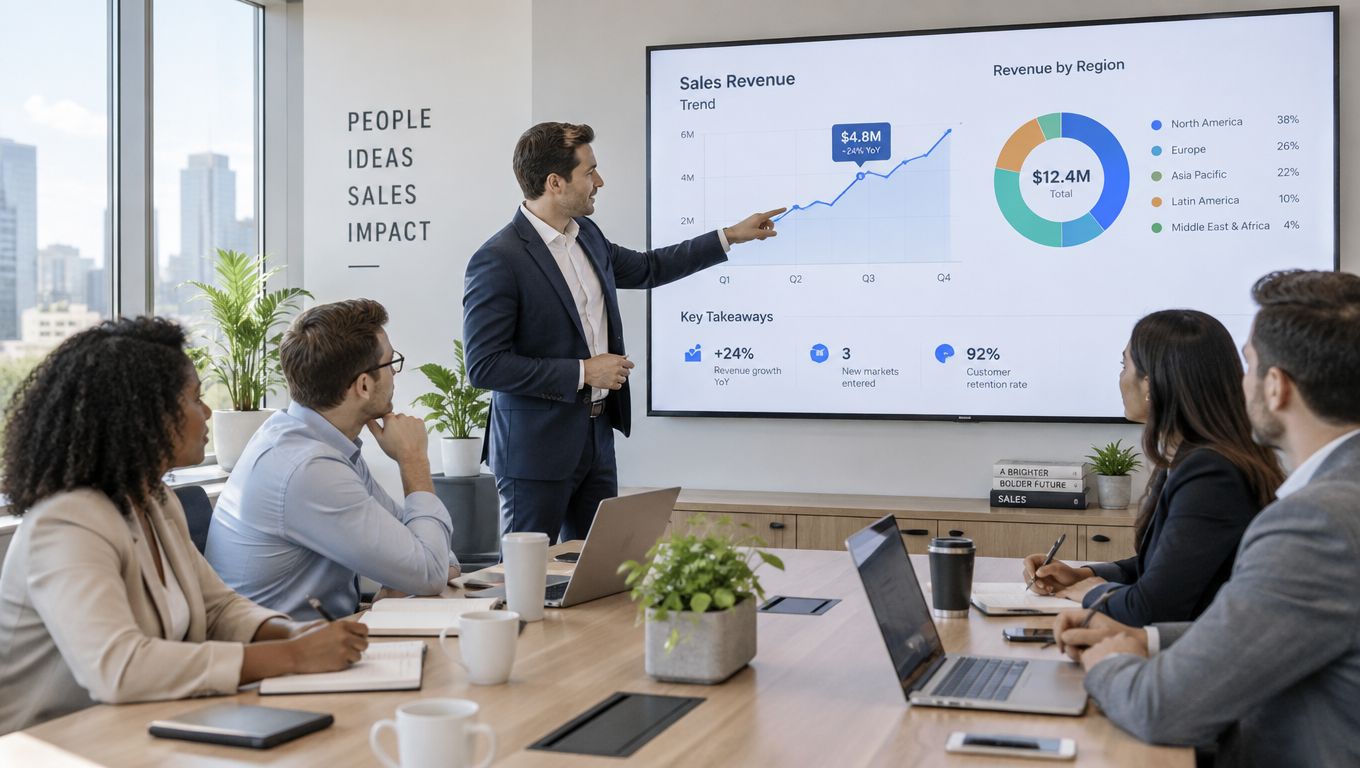 A presenter points to a sales revenue trend chart and a revenue-by-region donut chart on a wall screen while colleagues at a conference table follow along.