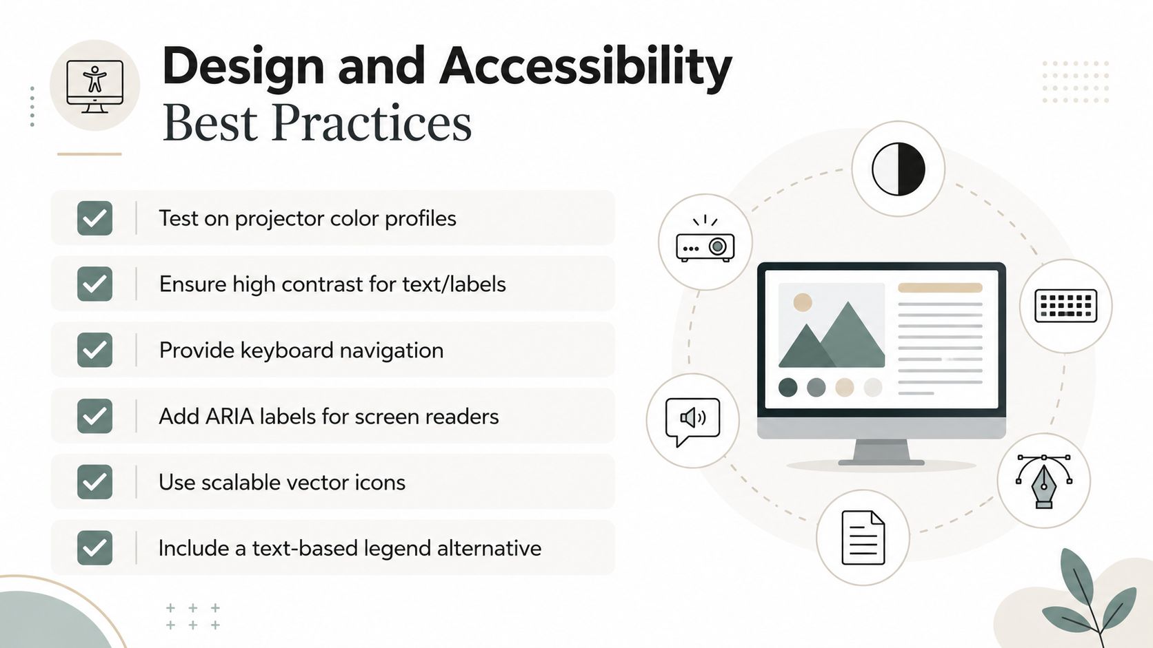 A Design and Accessibility Best Practices checklist beside a monitor illustration: test on projector color profiles, ensure high contrast for text and labels, provide keyboard navigation, add ARIA labels for screen readers, use scalable vector icons, and include a text-based legend alternative.