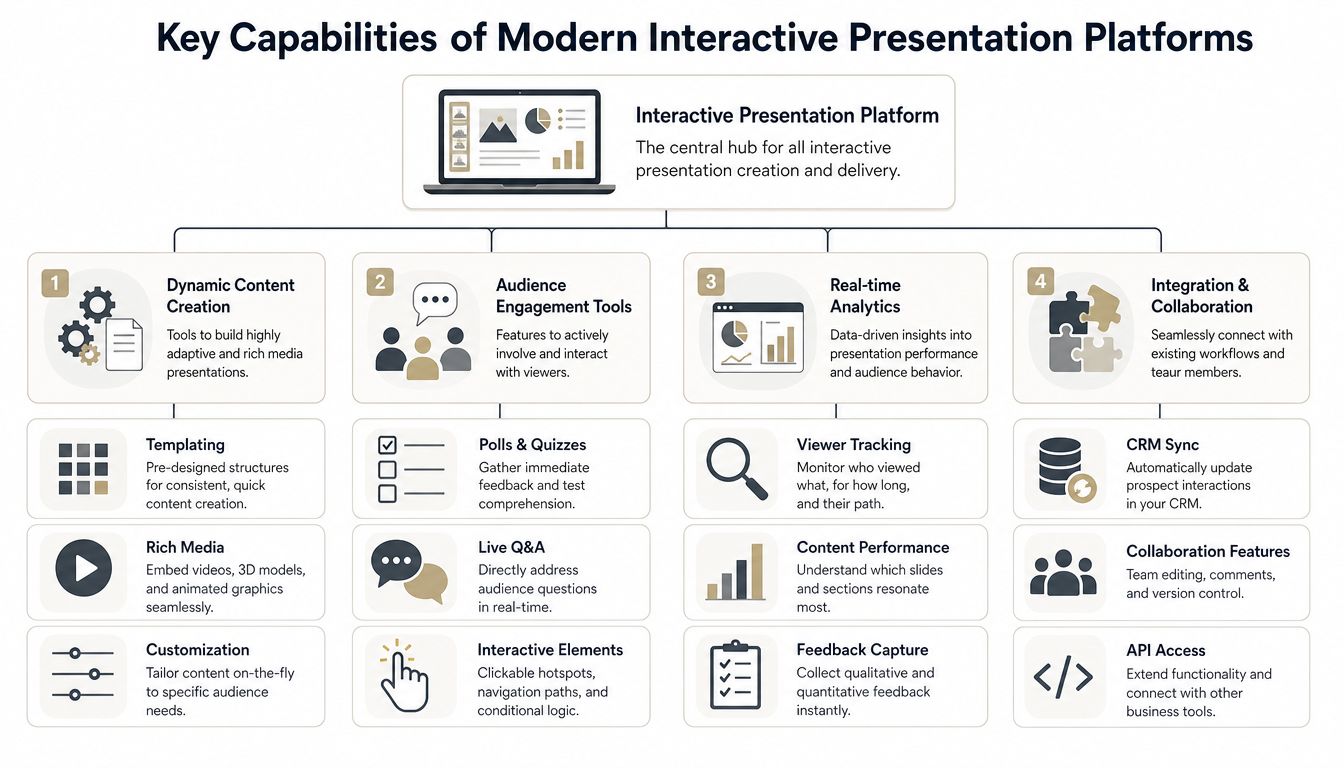 A diagram outlining the key capabilities of modern interactive presentation software platforms, including creation, analytics, and collaboration.