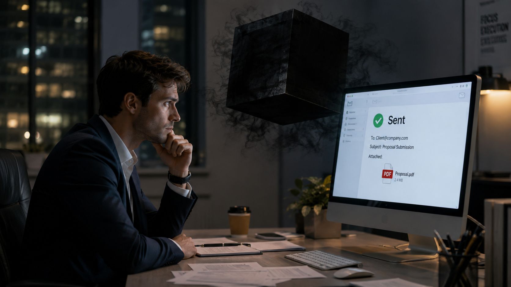 A focused professional in a suit looking at a computer screen showing a sent business proposal email.