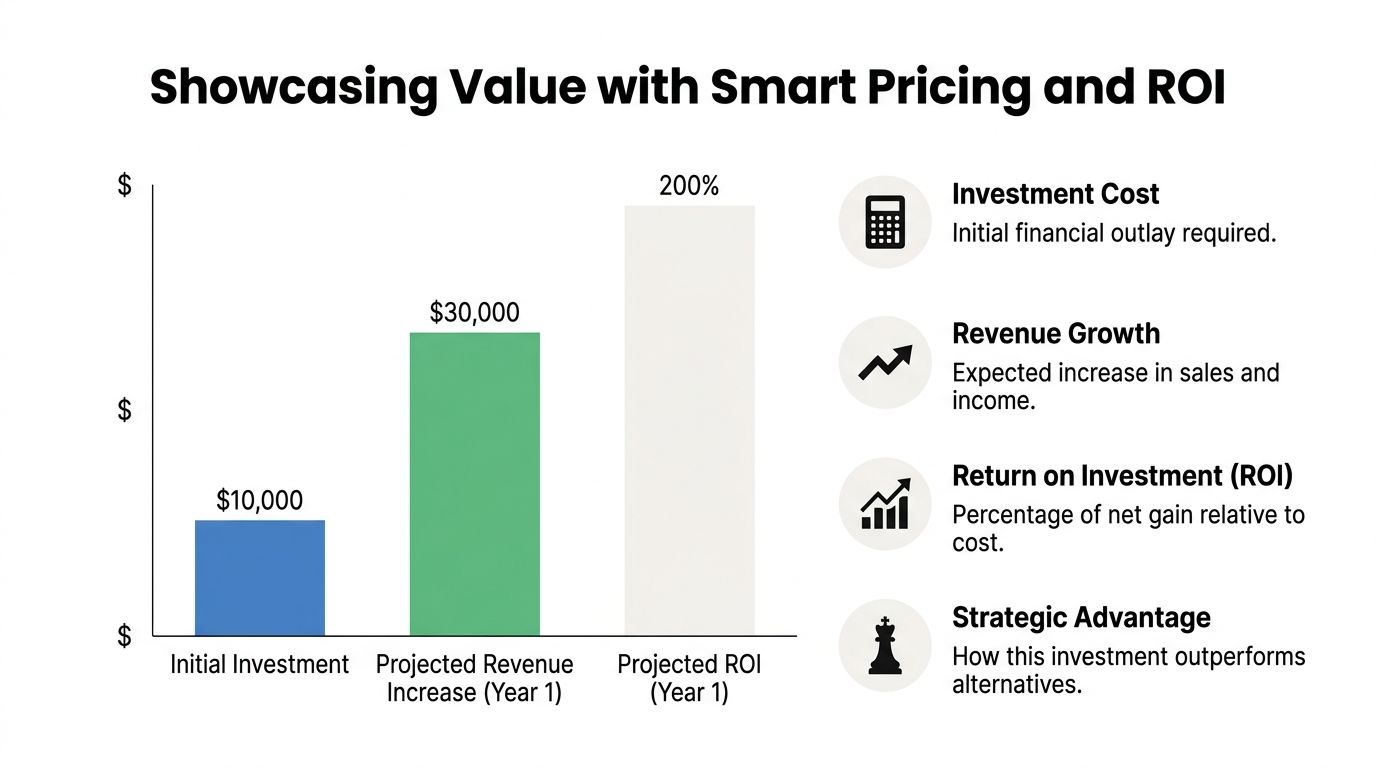 A chart illustrating business investment, revenue growth, and a projected 200% return on investment with strategy.