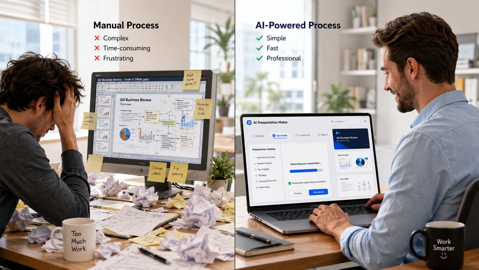 A split screen comparing a stressed person building a presentation manually versus a relaxed person using AI software.