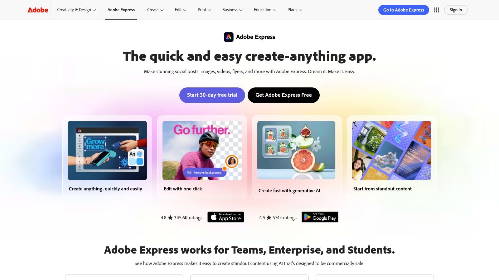 Adobe Express homepage with the headline 'The quick and easy create-anything app' above cards for creating, editing, and generative AI.