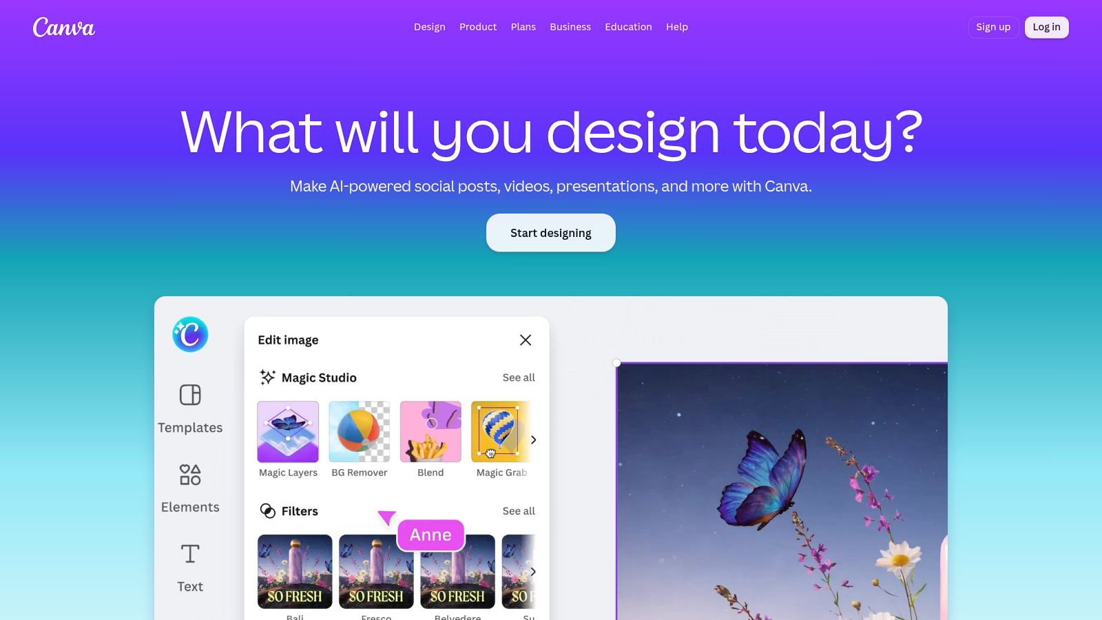 Canva homepage asking 'What will you design today?' above a preview of its editor with image-editing tools.