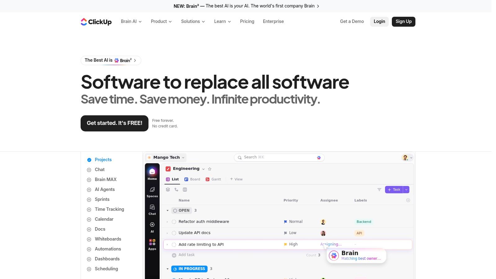 ClickUp homepage with the headline 'Software to replace all software' above a project task list with priorities and assignees.