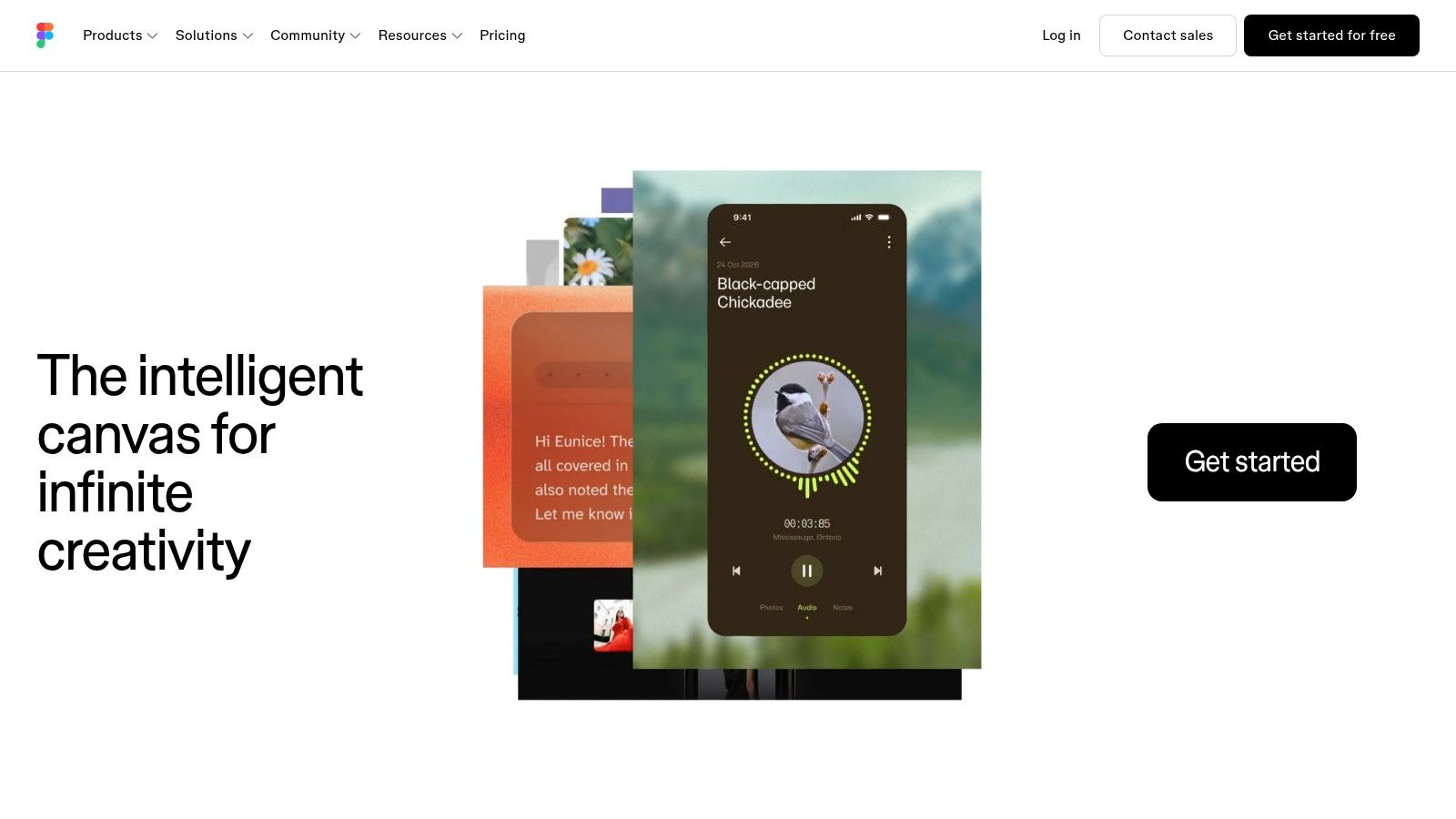 Figma homepage with the headline 'The intelligent canvas for infinite creativity' beside layered mobile app mockups.